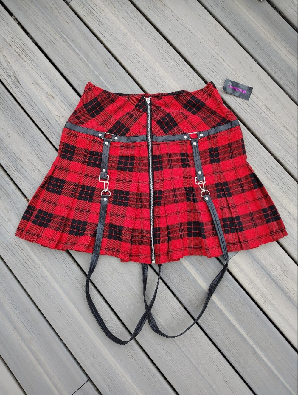 Red Plaid Pleated Mini Skirt with Black Strap Detailing